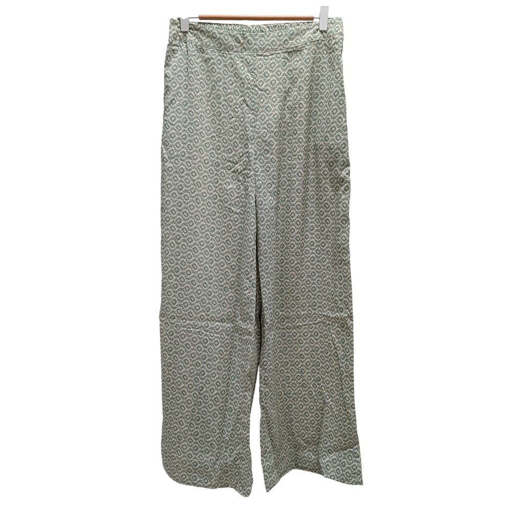 Resort Boho Mint Green‎ Cream Geometric Diamond Print Wide Leg Pants L NEW